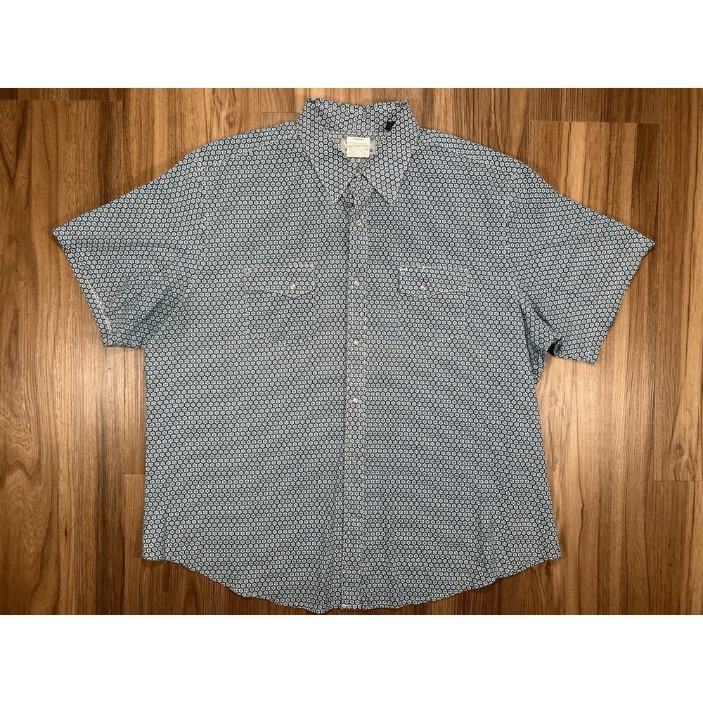 Wrangler Wrancher Mens XXL Blue Short Sleeve Pearl Snap Button Down Shirt